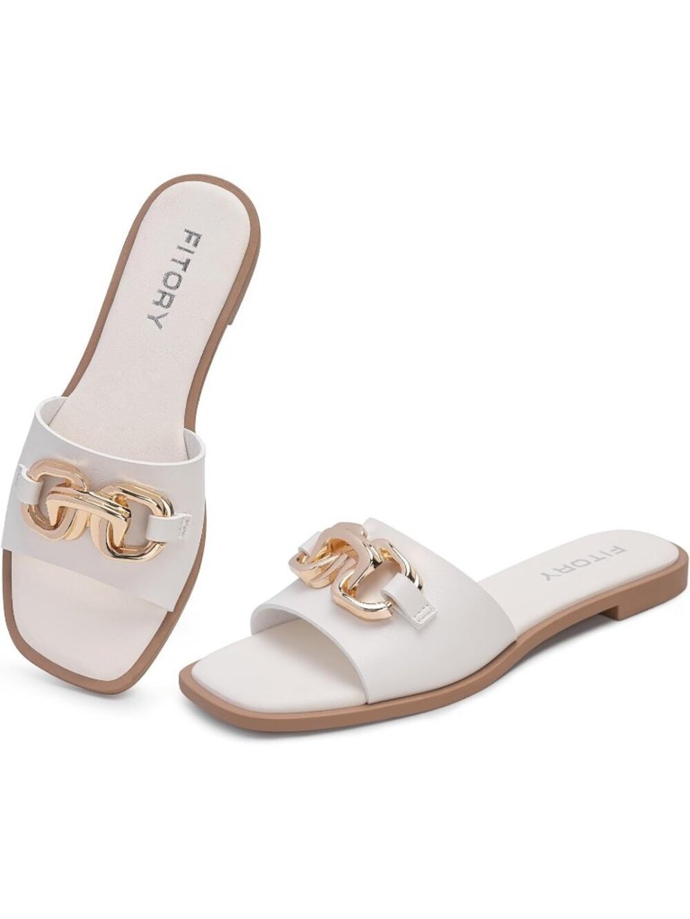 Women's Cream White Flat Slides With Soft Vegan Upper Leather Slippers Causal